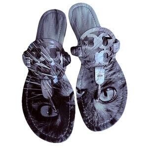 Tory Burch Miller Cat Portrait Patent Leather Sandal Size 8.5 Grays Authentic